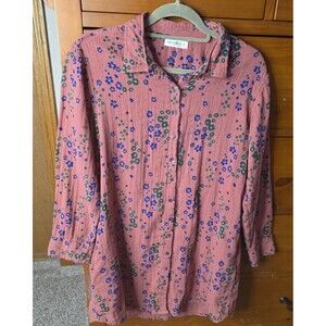 Natural Life Button Down Dress Size Small Floral Long Sleeve Collar Cotton Tunic